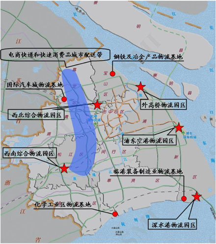 重點物流園區(qū)、重點制造業(yè)物流基地、城市特色配送物流帶布局示意